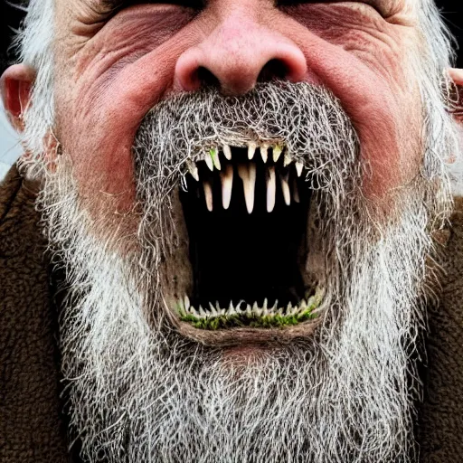 Image similar to National Geographic photo of angry old man with spiders in his mouth