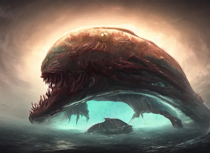 Image similar to a deep sea monstrosity with a disturbing anatomical horror human face, a colossal gigantic deep sea creature, concept art, behance hd, trending on artstation, deviantart, global illumination, radiating, a glowing aura, ray tracing, hdr, matte painting