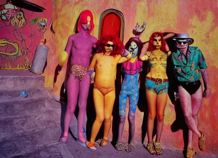 Image similar to dramatic color photo of dadcore occult wizards and momcore witches on vacation in ibiza by basil wolverton by robert crumb by william eggleston by annie leibovitz by chet zar, detailed and creepy, fujifilm velvia 5 0, color photography, sigma 2 8 mm