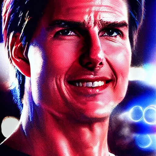 Image similar to “Tom Cruise, beautiful, Magic FX, red blue colors, lights, bokeh, highly detailed portrait, photorealistic, ultra detailed”