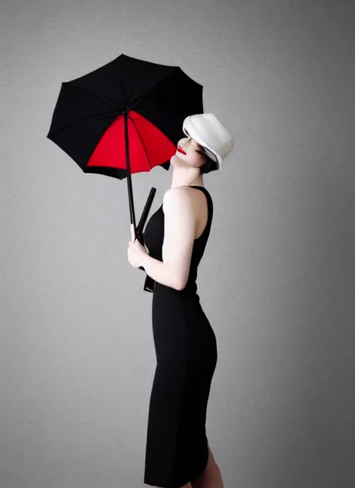 Image similar to a beautiful white pale skin girl, grey background, black dress, vibrent red lipstick, a black hat, black umbrella