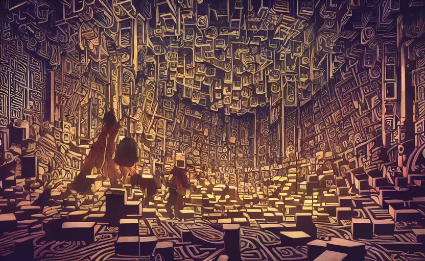 Image similar to interior of an elaborate labyrinth of runic cubes, endless intricate maze - like runes, sharp high detail anime background, masterpiece by satoshi kon, crystal cubism, greeble, tesseract, darksynth, high definition