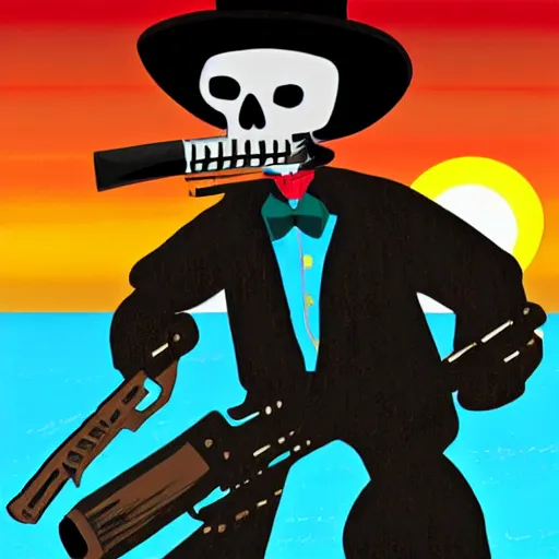 Image similar to manny calavera sitting with a rifle, in a cabin, on a lake, sunrise, grim fandango style,