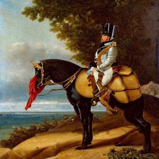 Image similar to a giant squirrel carrying napoleon bonaparte on its back, beach scene with flowers and foliage, detailed oil painting