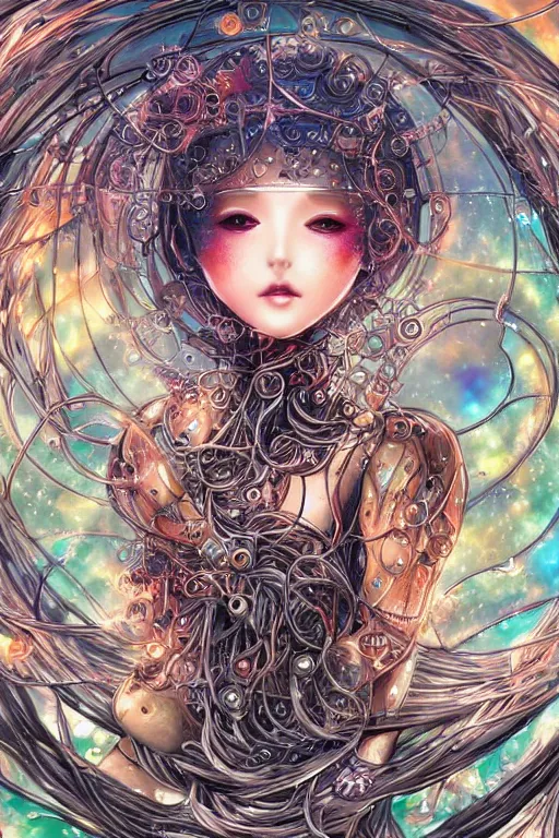 Prompt: beautiful ultra detailed manga Illustration of a butterfly goddess made out of liquid chrome in a multiverse, melting face, surrounded by mechanical wires in a celestial fantasy landscape, Full Art Illustration, by ying yi, artstation