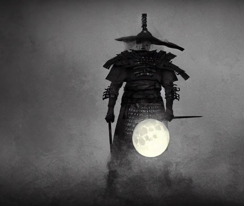 Image similar to '2d design graphic a samurai in the night ,big white moon background , gloomy and foggy atmosphere, octane render, horror scene, highly detailded style of Moebius, black and white ink '