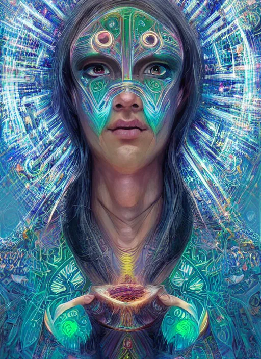 Image similar to portrait of a future metaverse ayahuasca tech shaman warrior, 2 d cartoon, visionary art, symmetric, magick symbols, holy halo, shipibo patterns, sci - fi, concept art, trending on art station, 8 k digital art, by mandy jurgens, fantasy portrait art, anime