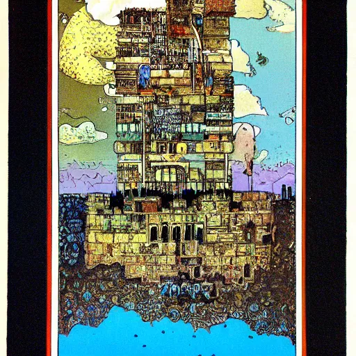 Image similar to by ralph steadman defined, improvisational babylonian, tetris. a beautiful print of a castle in the clouds.