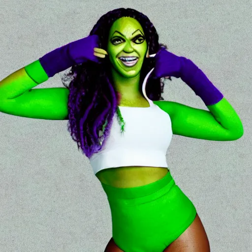 Image similar to Singer Beyoncé with green skin and dark green hair as She-Hulk, white leotard with two purple vertical stripes, green skinned, wearing purple and white fingerless gloves, wearing purple and white sneakers, mini skirt, smiling, photorealistic, sports illustrated, detailed legs, hyperreal, surreal, bokeh, tilt shift photography, green arms, green legs, green face,