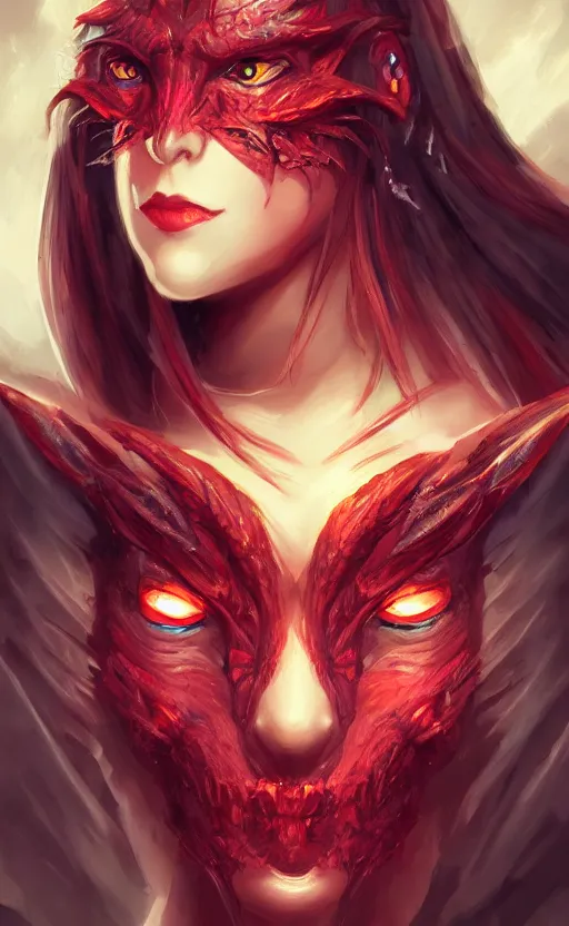 Image similar to face portrait of dragon kin woman, with pretty red ruby eyes, dynamic lighting, fantasy concept art, trending on art station, stunning visuals, creative, cinematic, ultra detailed