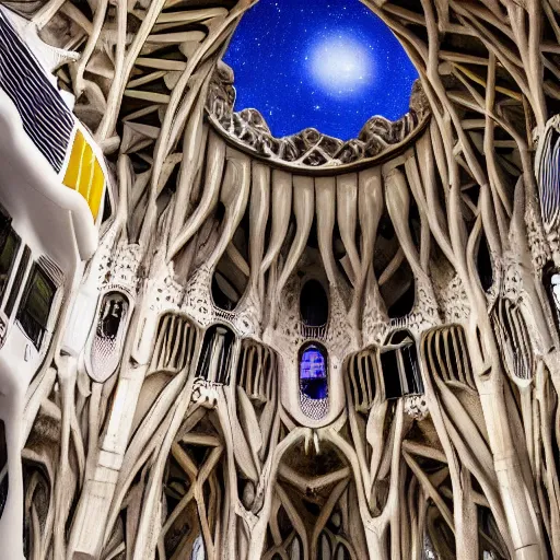 Image similar to Liminal space in outer space building by architect Antoni Gaudí, colorized