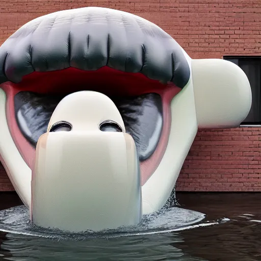 Image similar to a giant inflatable human head with open mouth on realistic water, in the style of chad knight, long shot, hyper detailed, hyper realistic, ray tracing, 8 k resolution, sharp focus, realistic water, award winning