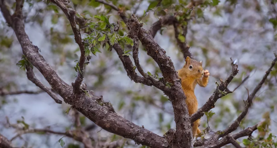 Prompt: yellow squirrel on a tree branch eating bananas, dslr, 4k, telephoto, f1.8, shallow depth of field