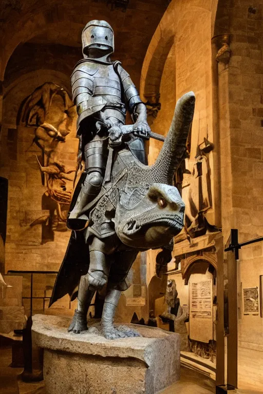 Image similar to medieval Norman, circa 1200, photo of stone carved statue, of a night in armor riding a dinosaur, romanesque style, in a museum room