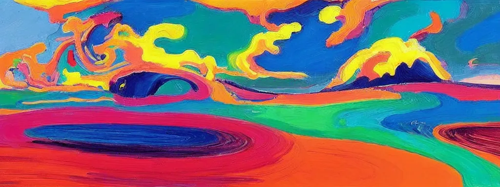 Image similar to Psychedelic sci-fi dreamworld. Landscape painting. Organic. Winding rushing water. Waves. Clouds. Wayne Thiebaud. Peter Max.