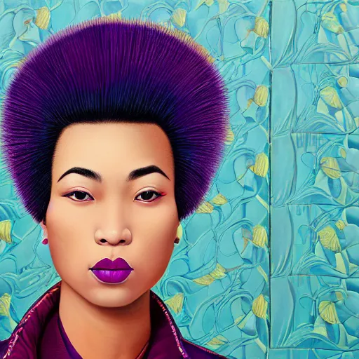 Prompt: front close up portrait painting of a young asian woman with a mohawk haircut, wearing a leather jacket, purple lips, eyes closed, by kehinde wiley, kadir nelson