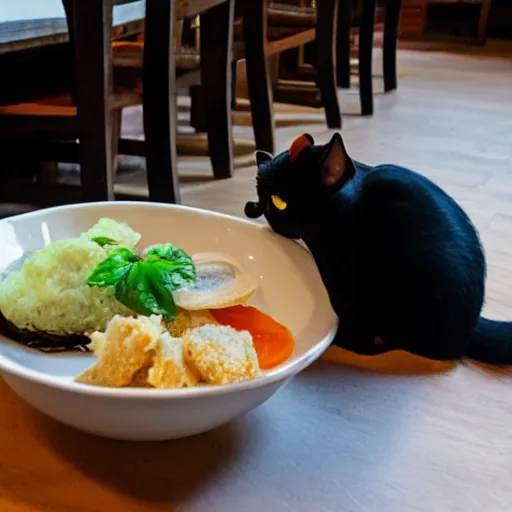 Image similar to thai breakfast being eaten by a cat in a Ghibli studio movie