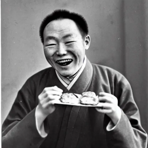 Image similar to a photo of a ecstatic man from qing empire eating a hamburger, award winning photo, high quality