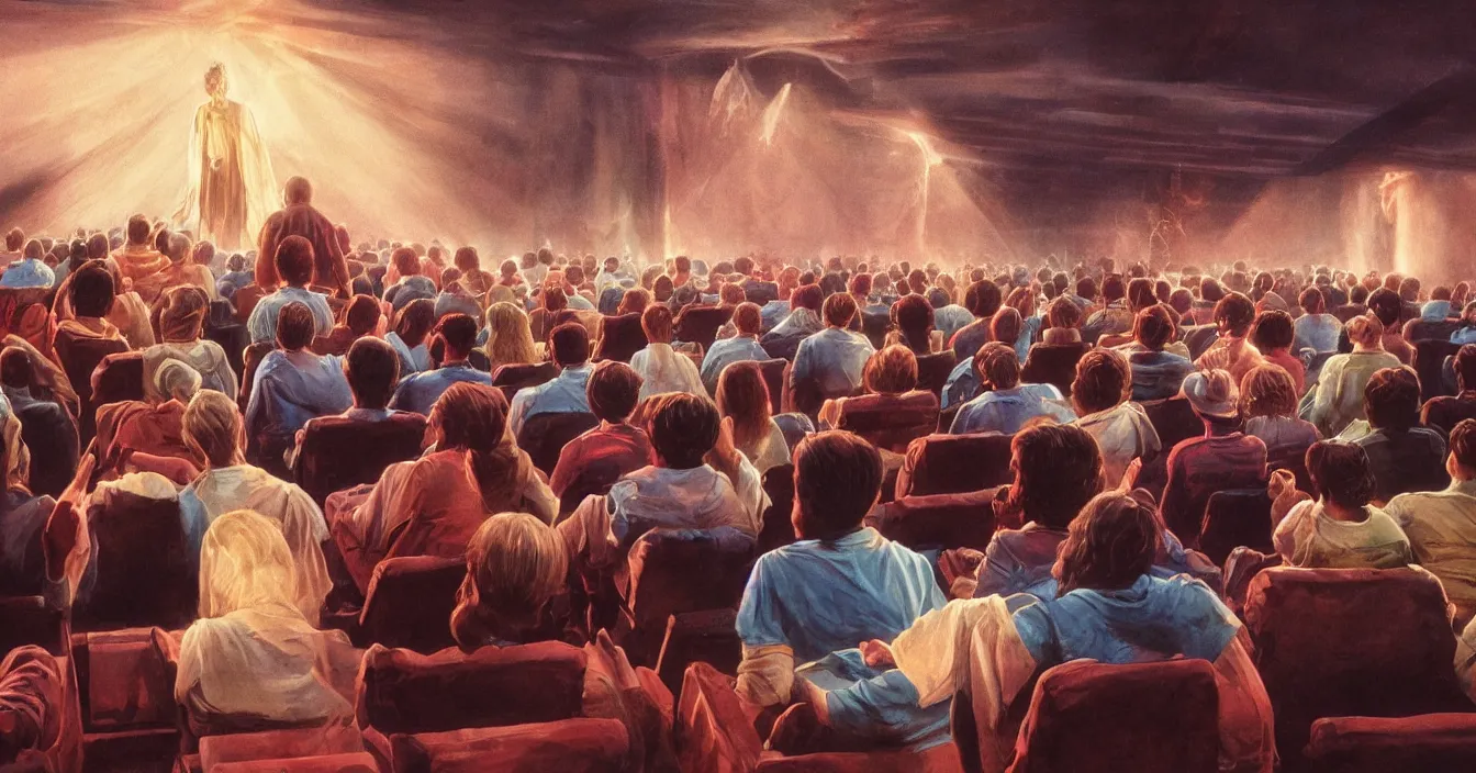 Image similar to rear view of the seated souls in the cinema and watching volumetric light of consciousness projecting their lives in front of them on the big screen, realistic, deep sense of spirituality, visual plasticity, unreal engine quality, raytracing, vray shading, style of earl norem