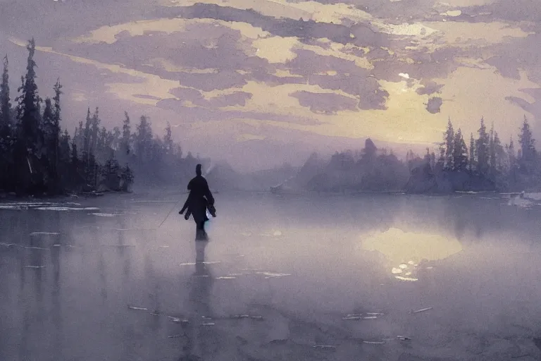 Prompt: watercolor painting of crystal clear ice lake, reflective, winter, fog and snowfall, ambient lighting, art by anders zorn and winslow homer, wonderful masterpiece by greg rutkowski, cinematic light, american romanticism by greg manchess, creation by tyler edlin