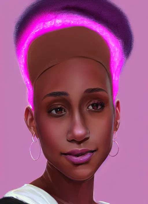 Image similar to portrait of vanessa morgan, black teenage girl, pink hair, wavy pixie haircut, purple newsboy cap, fluffy pink hair coming out from under cap, hoop earrings, subtle confident smile, intricate, elegant, glowing lights, highly detailed, digital painting, artstation, concept art, sharp focus, illustration, art by wlop, mars ravelo and greg rutkowski