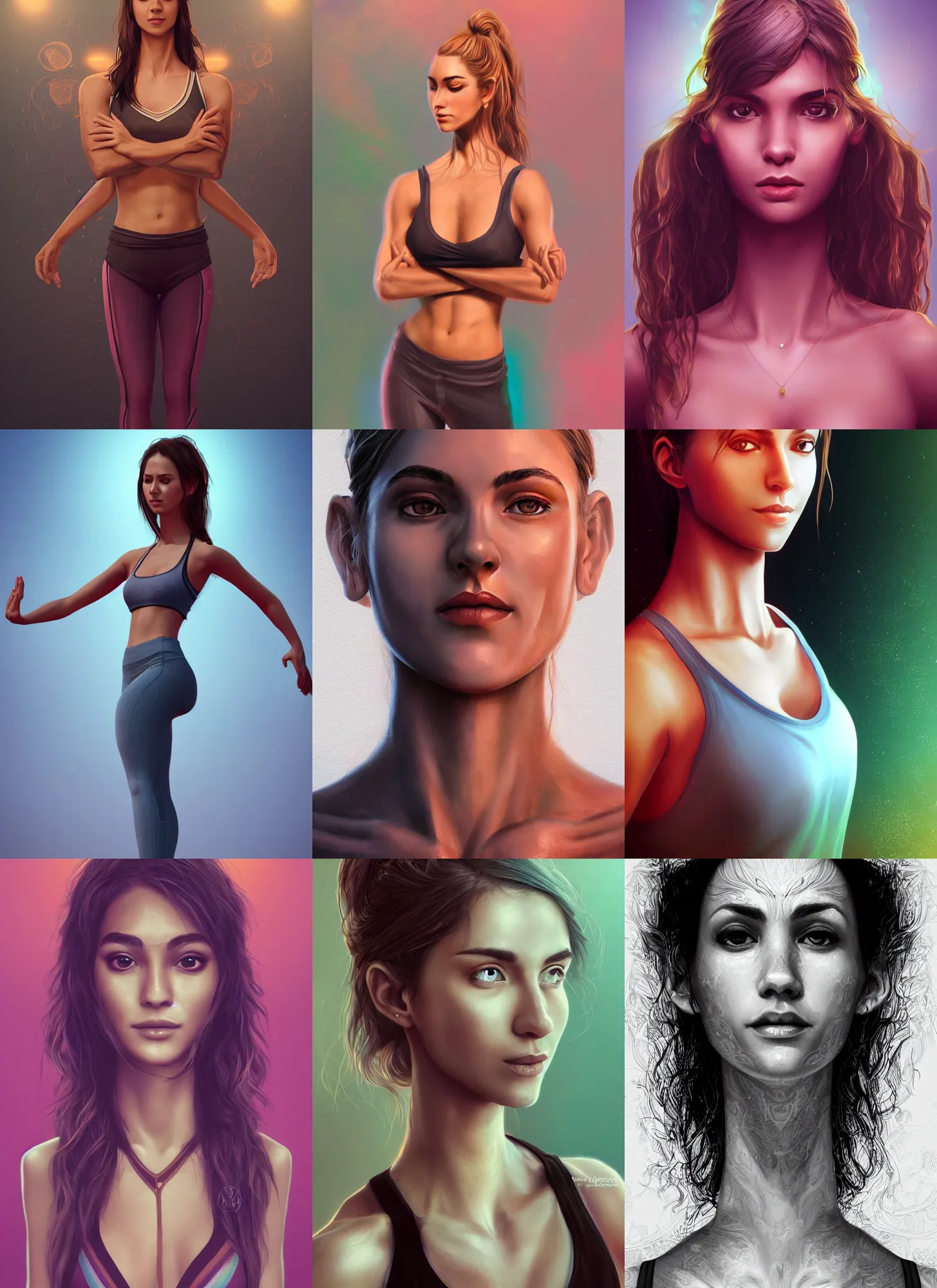 Prompt: very detailed full body portrait of yoga instructor, fantasy, beautiful, pretty face, slender, dreamy aesthetic, 4 k, aura of light, cinematic lighting, highly detailed, sharp focus, artstation, masterpiece, art by atey ghaiyan