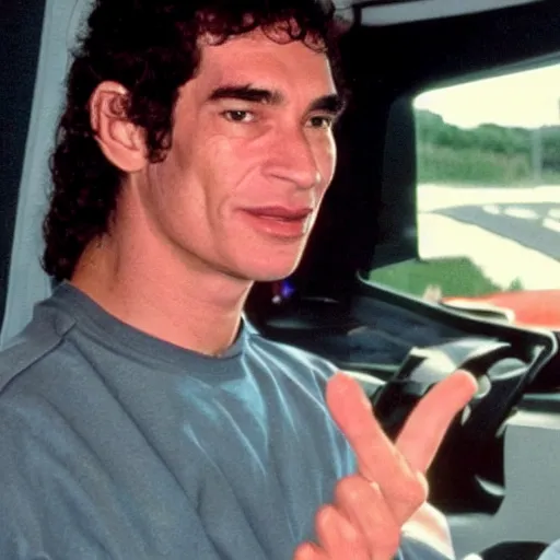 Image similar to photo of Ayrton Senna talking on smarthphone, driving a tesla