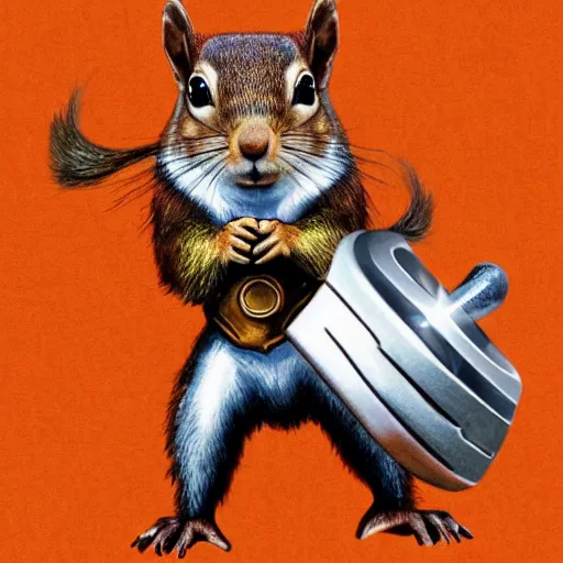 Image similar to a squirrel with thor outfit ~ holding his hammer ~ dramatic thunder background ~ trending ~