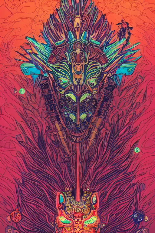 Image similar to totem animal tribal chaman vodoo mask feather gemstone plant video game illustration vivid color borderlands and by feng zhu and loish and laurie greasley, victo ngai, andreas rocha, john harris radiating a glowing aura