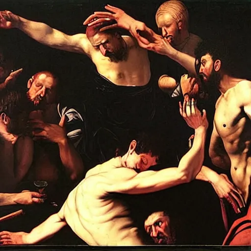 Image similar to the end of man with 2 1 savage apocalypse by caravaggio