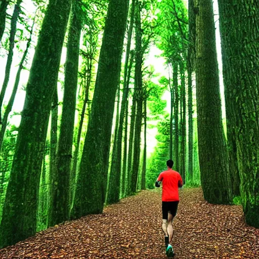 Prompt: athletic guy runs through a forest with tall trees, acid-green sneakers, a photo from the back, art McKie Angus, perspective