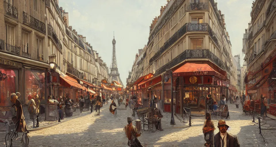 Image similar to paris 1888, street scene, street level, hyperdetailed, vivid colors, artstation, cgsociety, 8k