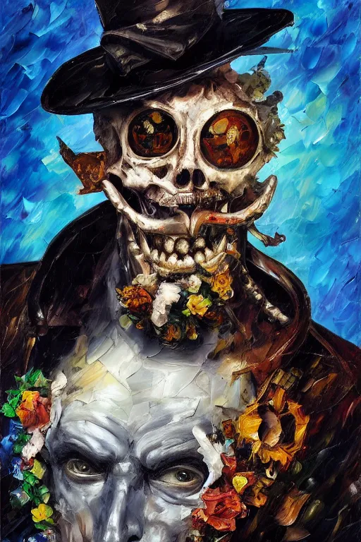 Image similar to palette knife oil painting portrait of a male baroque one - eyed cyborg demon gentleman wearing a tophat decorated with skulls and an arcane halo, floral growth, extreme detail, style by leonid afremov and degas, artstation trending, artgerm, deviant art, octane, substance, art history 8 k