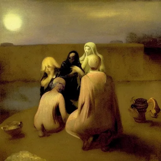 Image similar to witches gather around a moon shaped pool, by Odd Nerdrum, by Francisco Goya, oil on canvas, beautiful, eerie, surreal, colorful