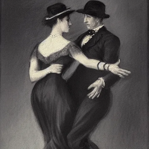 Image similar to old lady and young gentleman ballroom dancing by alfred stevens in charcoal