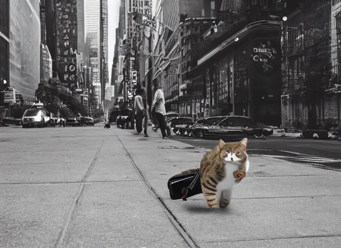 Image similar to photography of a Cat being carried in an half open backpack . in a new york street. award winning photo, led lighting, night, 130mm, sharp, high res