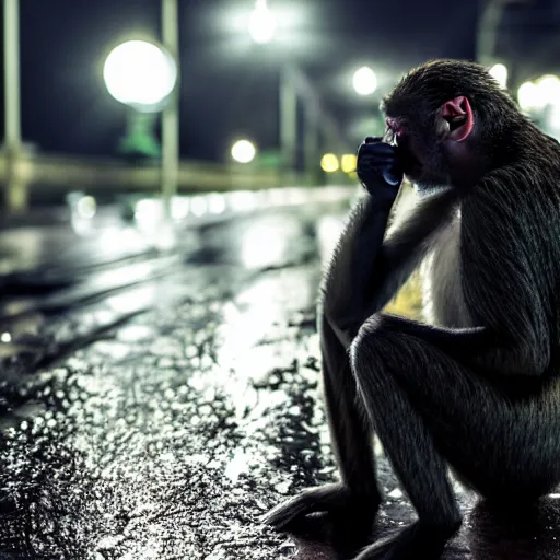 Image similar to contre - jour photo of a monkey smoking a cigarette on a bridge at night under rain, lightened by street lamps, award winning photography