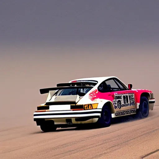 Prompt: a sports magazine image of the view of the back of an 80's porsche rally car as it races down a partyly sand-covered 2 lane blacktop road towards the high rise cityscape of Dubai, some of the blacktop is showing, but it's mostly covered by sand from a dust storm, sun shines down on the car while it races towards the city of Dubai