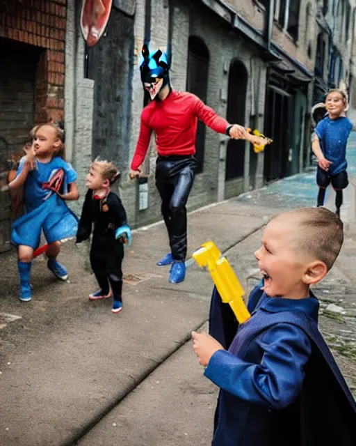 Image similar to happy batman firing super soaker water gun in an alleyway with a group of children having fun, toy product advertisement, photography