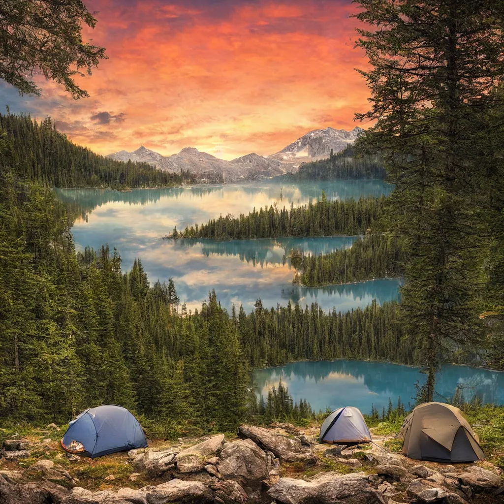 Prompt: Mountain campsite by a lake, sunset, landscape, photorealistic