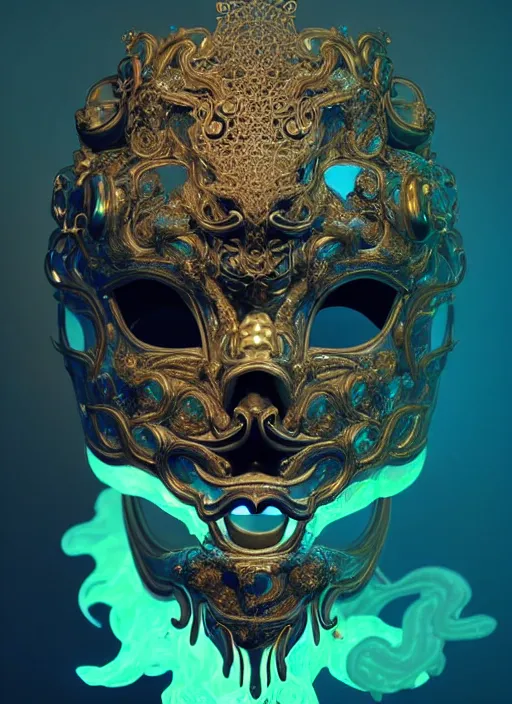 Image similar to 3 d face in venetian mask portrait, global illumiantion beautiful intricate highly detailed quetzalcoatl skull and feathers. bioluminescent, plasma, lava, ice, water, wind, creature, thunderstorm! artwork by tooth wu and wlop and beeple and greg rutkowski, 8 k trending on artstation,