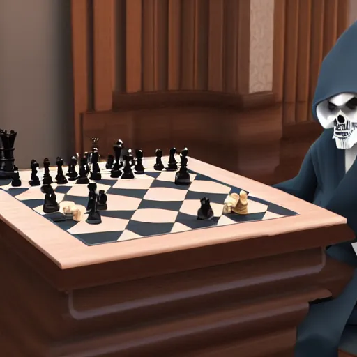 Image similar to grim reaper playing chess with cat 8 k, ultra realistic, unreal engine 5