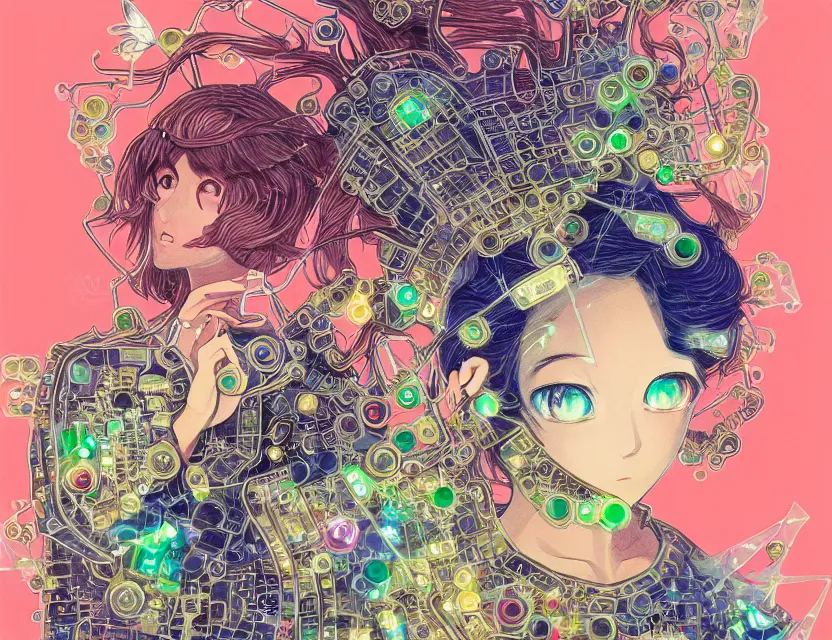 Image similar to fairy princess of circuit boards and computing. gouache painting by award - winning mangaka, chiaroscuro, bloom, backlighting, intricate details