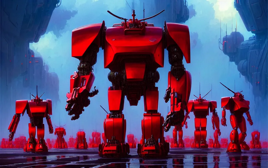 Image similar to a cinematic scene of marching red colossal mechs going to war by moebius and stephan martiniere and dan mumford, trending on artstation, digital art, 4 k resolution, detailed, high quality, sharp focus, hq artwork, insane detail, cinematic, volumetric lighting, dramatic lighting, epic light, cinematic aesthetic