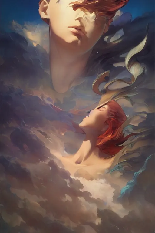 Image similar to art by makoto shinkai, art by boris vallejo, art by gaston bussiere, photorealistic dramatic liquid anime boy, retro psychedelic posters, dramatic color, houdini, by peter mohrbacher, vfx, art by boris vallejo, volumetric fog, concept art, by atey ghailan