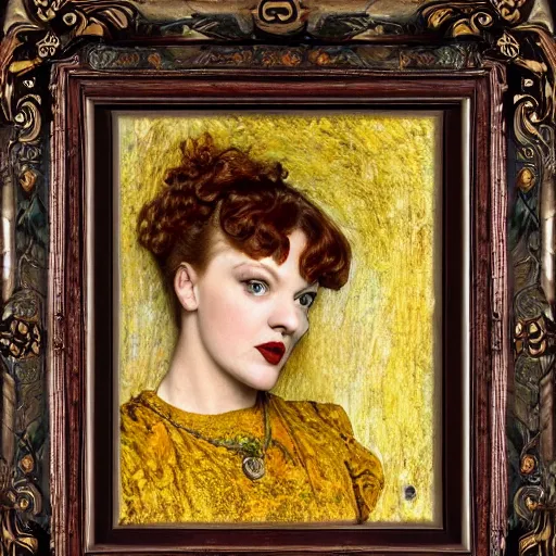 Image similar to preraphaelite portrait photography masterpiece hybrid of judy garland and florence welch, reclining, william holman hunt, ford madox brown, brown hair fringe, yellow ochre ornate medieval dress, william morris, framed 4 k