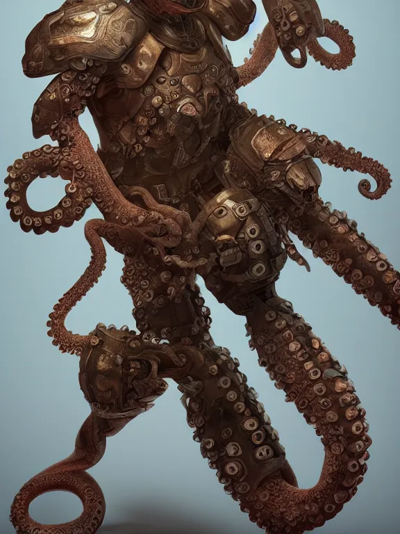 Prompt: full body frontview portrait of a fighter in octopus - like - armour, character design, designed in blender, 8 k hd, octane render, intricate and highly detailed, coloured with lots of colour, pose, fantasy, sharp focus, volumetric lighting