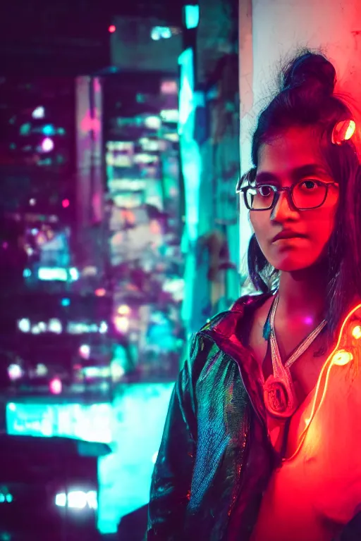 Prompt: cyberpunk sri lankan girl, neon lights in the background, portrait photograph, 35mm lens