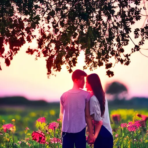 Image similar to a young couple holding hands in a field of flowers at sunset