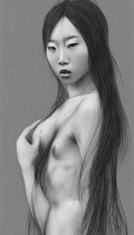 Image similar to model yoon young as the high priestess, by wangjie li, black and white graphite drawing, smooth render, 3 / 4 view
